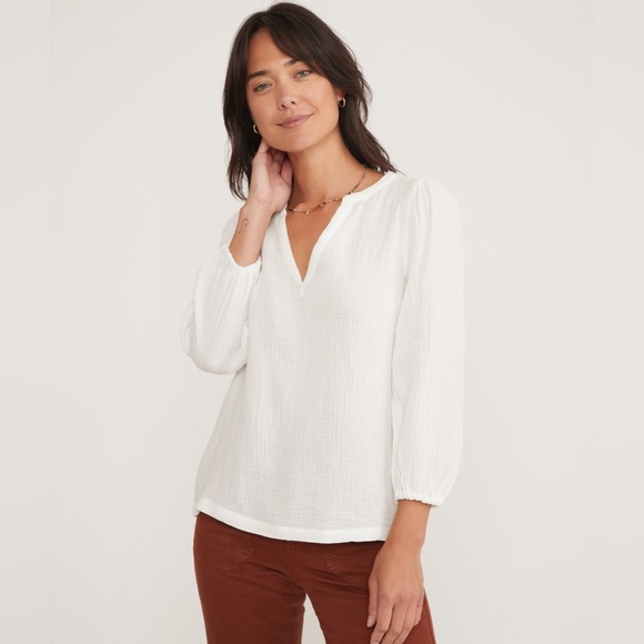 Marine‎ Layer Jamie Banded Collar Double Cloth Top in White - Picture 1 of 5